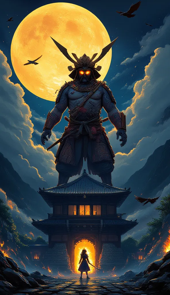 An epic scene featuring a giant demonic samurai with glowing orange eyes, intricate tattoo patterns on his body, and a mysterious horned helmet, standing dominating a traditional Japanese castle. At night, under a large mandala-like moon, his pose is full ...