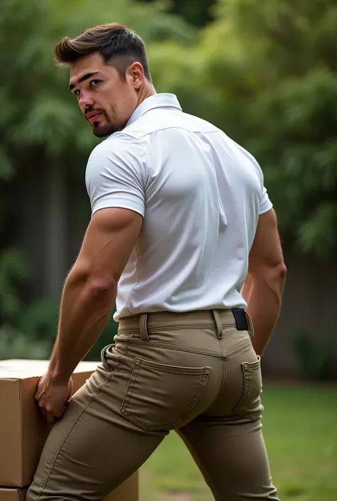 realistic photograph, 35-year-old muscular (((athletic man))) , brushed to the side, view From below, nalgon in profile, stripe white formal shirt and very tight khaki jeans, brown belt, in profile, Big butt, viendo a cámara, black eyes, in the yard, sexy ...