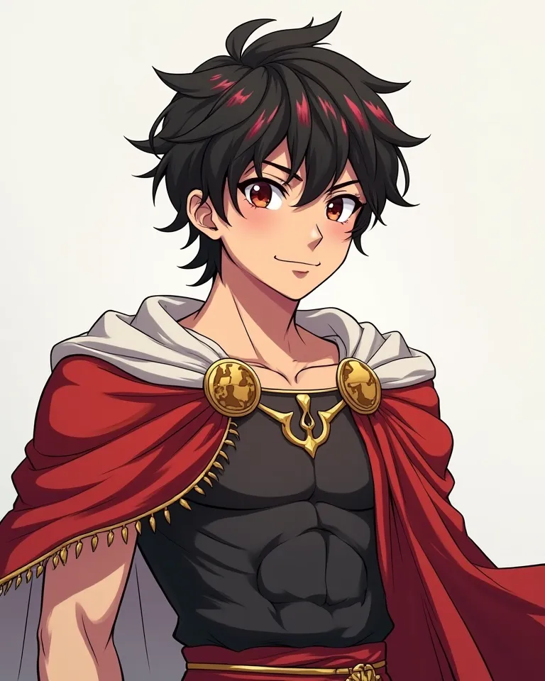 A 16-year-old male superhero wearing a military costume from the Greek era but stylized to the current era, He has black hair with red tips and eyes of the same color. Simple anime style not so muscular