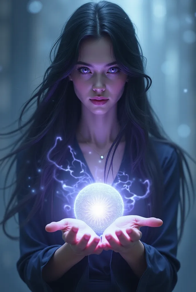 a young woman with glowing violet eyes, long black hair with a sphere of energy floating softly above her hands