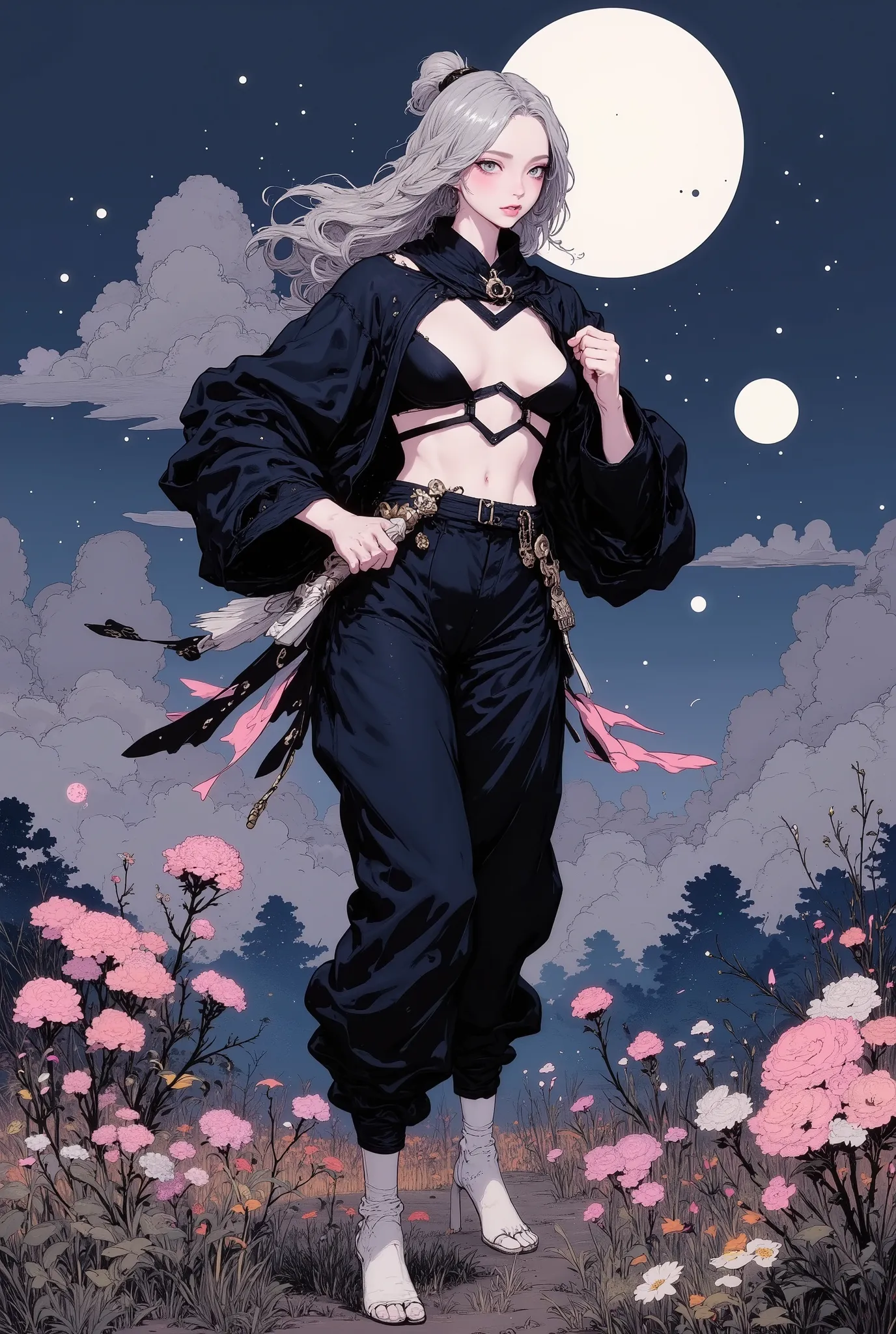 ((A ninja who runs dynamically and quickly)), side view, from side, woman, Ninja, Muscular body, big tits, (((Sexy, black, open-breasted ninja outfit, side boob is visible))), ((soft silver low ponytail hair)), ((Japanese field, night, full moon)), Clothes...