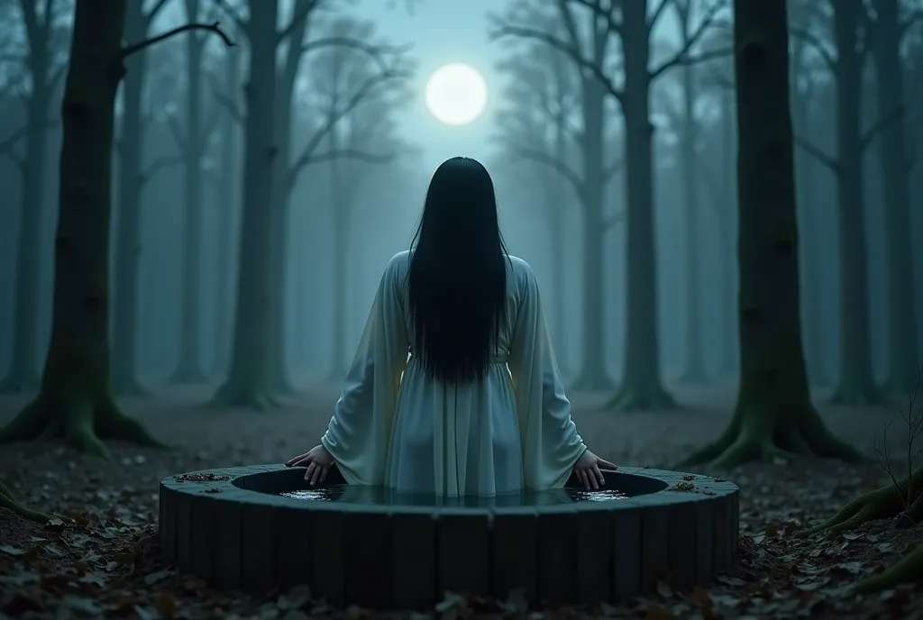 (masterpiece, best quality, super detailed), Super realistic, In the forest, bathed in the dim light of the moon, there is an old well in a field of dead leaves. A ghostly woman from Japanese folklore just emerges from the well. She is wearing a long, flow...