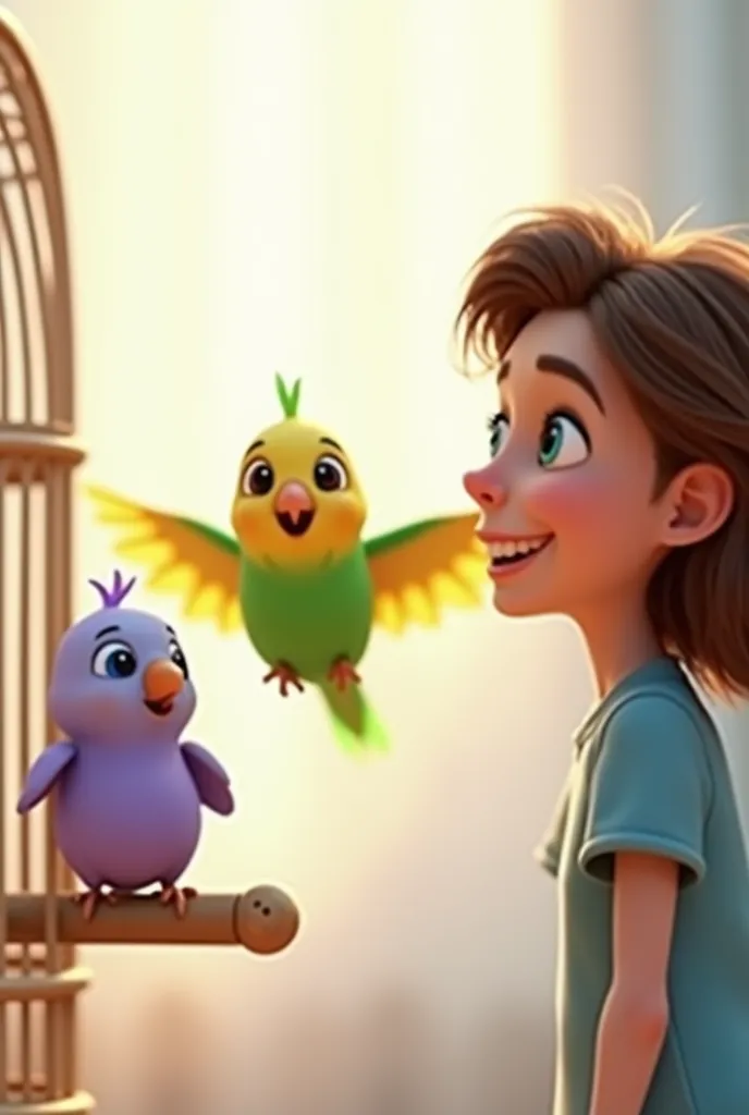 "Create a 3D render of Minik, the green budgie, joyfully flying around the birdcage, with his wings spread wide. Lila, the lilac-colored budgie, sits on a perch, her feathers smooth and vibrant again, looking content. Fatoş, with blue eyes and brown hair, ...