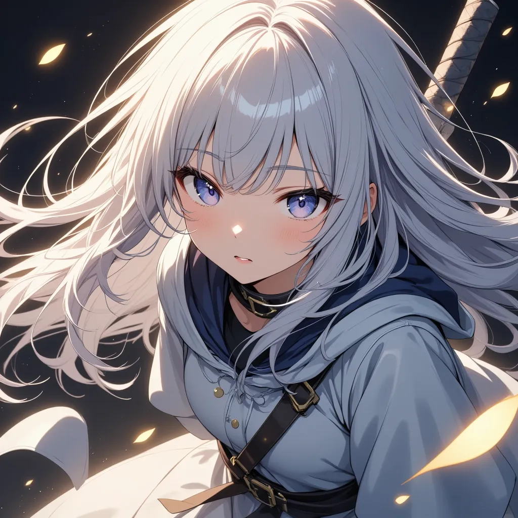 full body, overview, young girl (), sublime, serious look looking straight ahead, long white hair, she wears a hood on her head, we can see the handle of a katana coming out of her back,she charges straight ahead with a katana in her hand.break / score_9, ...