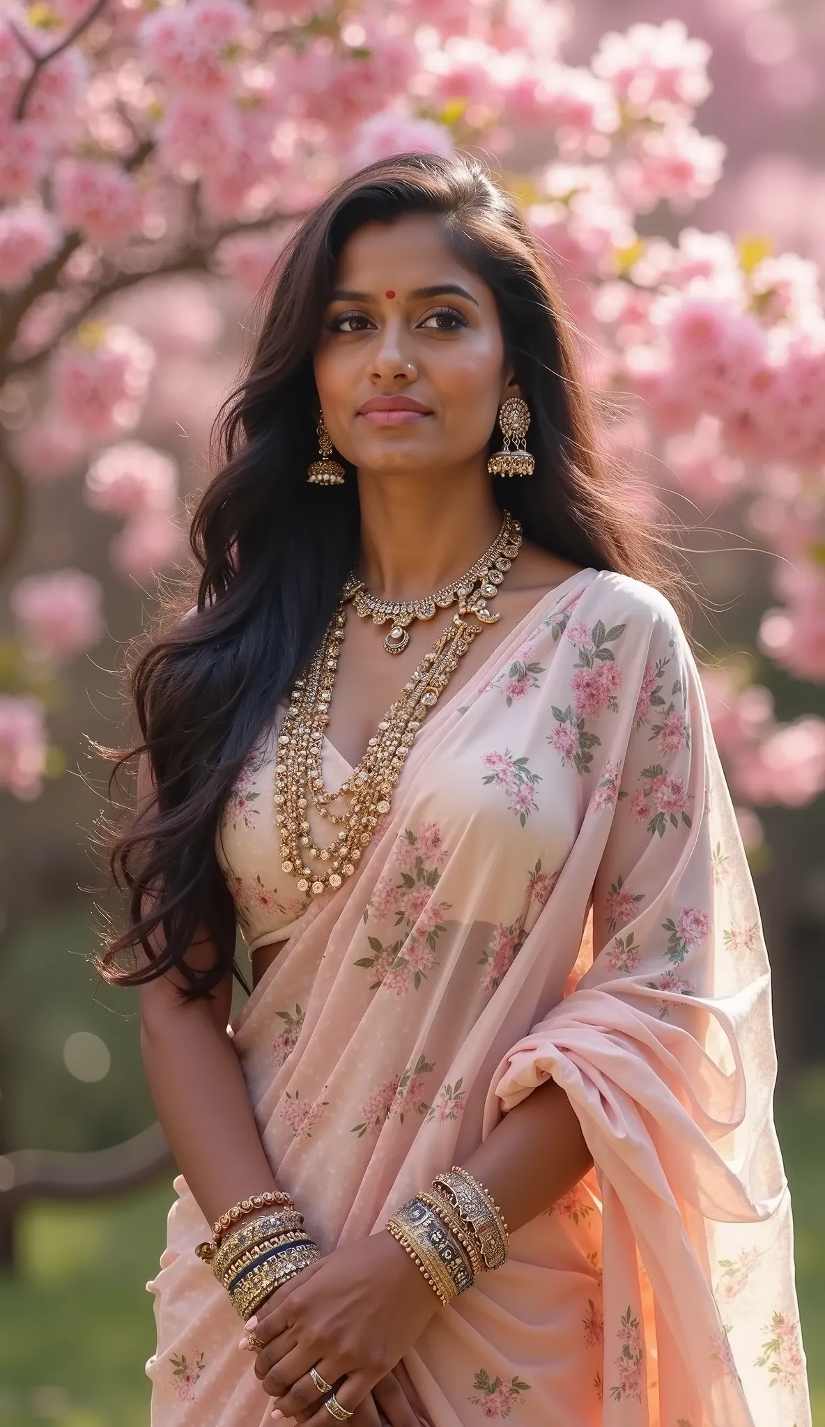 A thick indian woman, likely in her 40s, of South indian descent, is centrally positioned.  She exudes confidence and poise.  Her expression is serene and approachable.  Long, dark hair cascades down her back.  She wears a light-greyish-pink saree with a d...