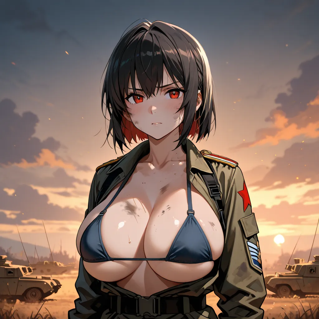  Anime woman,, big boobs in a micro bra , as a military, in hacks,  era on the battlefield ,  at sunset , high detail,high quality, slightly dirty 