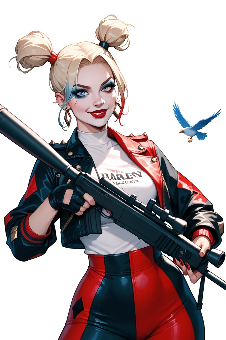 HARLEY QUEEN FROM THE MOVIE BIRD OF PREY. WITH A SNIPER GUN ON A WHITE BACKGROUND