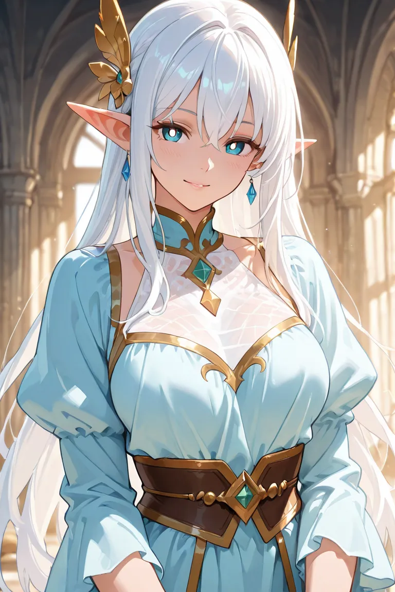 Generate an image of a beautiful woman in her 20s, she has white hair, white pupils and ears pointed like elves. She is dressed in white fantasy or anime adventurer clothes combined with blue in anime style with high detail