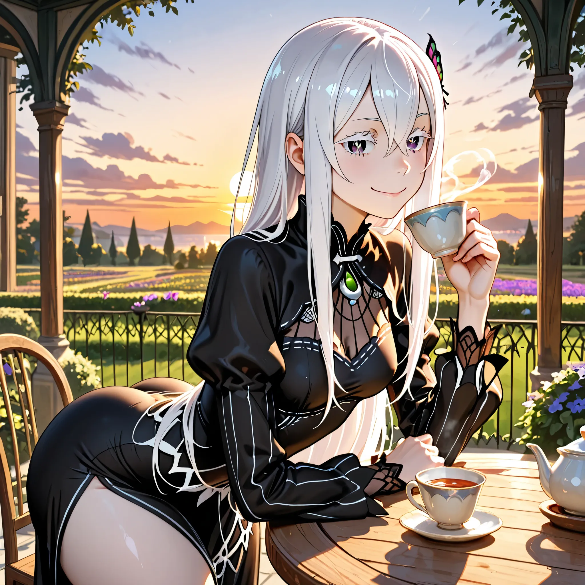  echidna de re:zero,  white hair ,Lots of hair, violet eyes, small breasts, thin,   penis Thick thighs ,  big ass,   black dress with lots of details, pompous dress  , flight details,pale skin,  looking at the spectator,  mischievous look,  mild smile, sun...