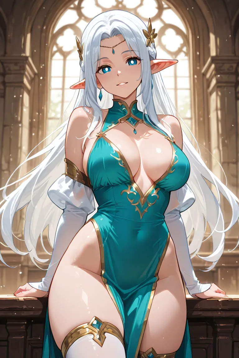 Generate an image of a beautiful woman in her 20s, she has white hair, white pupils and ears pointed like elves. She is dressed in white fantasy or anime adventurer clothes combined with blue in anime style with high detail