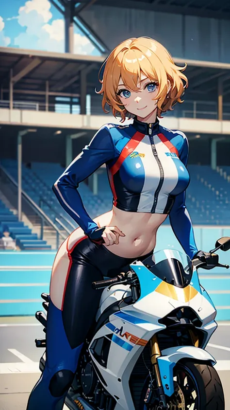 anime,Racing Track、matte blue driver suit、 sunburned skin、A neutral woman riding a motorcycle、golden curly hair belly short hairstyle、smile、Long、slender、Big Eyes、Don&#39;t show your breasts、blue sky、Front bust, best quality, 4K, 8k, high resolution, master...