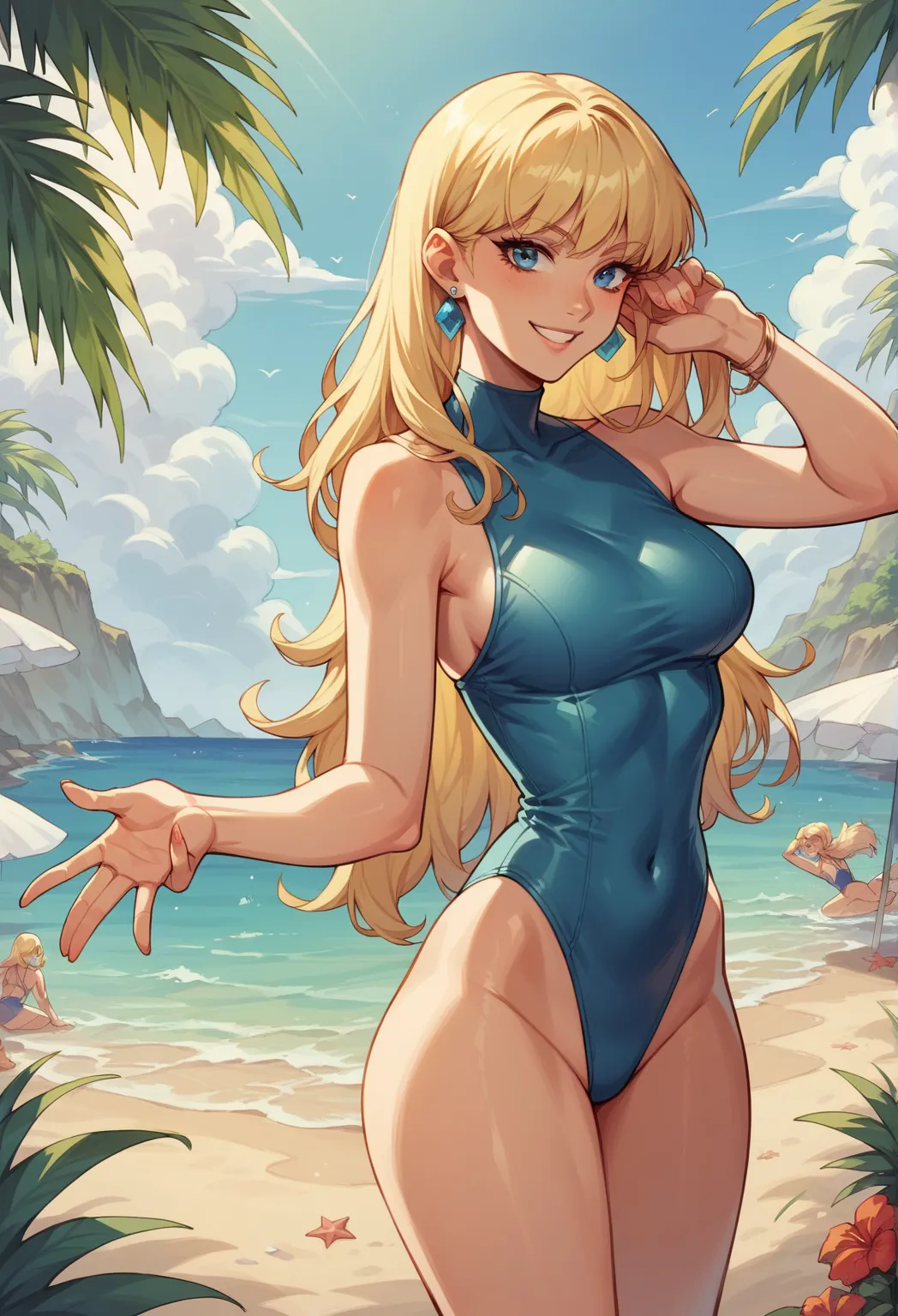 score_9, score_8_up, score_7_up, 
1girl, sabrina spellman, blonde hair, blue eyes, long hair, looking at viewer, Light blue one-piece swimsuit, standing, posing, smiling, on beach, summer day