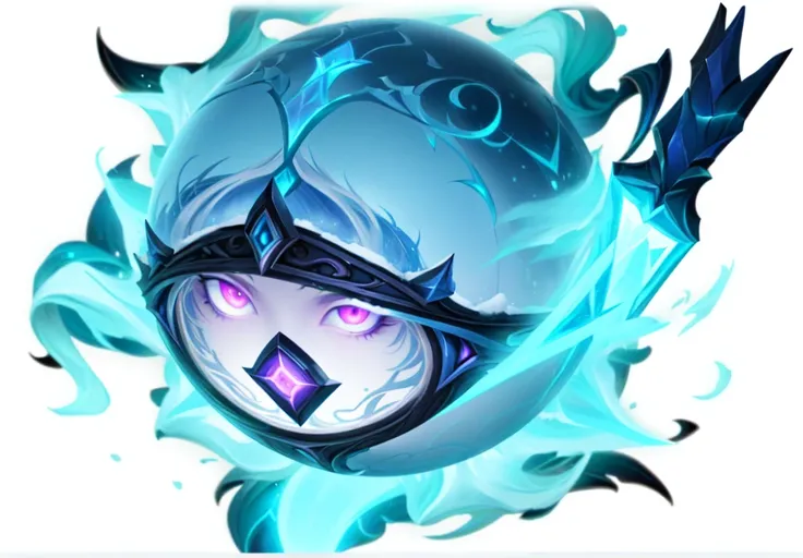 blue light in an enlarged view of a cartoon character,  Arcane style bomb ,  Sphere of Agament ,  ghost sphere , League of Legends item, League of Legends Nocturne, horrible, Arcane Jace, glowing eyes,  Magical Spell Icons ,   Epic Legends game icon with a...