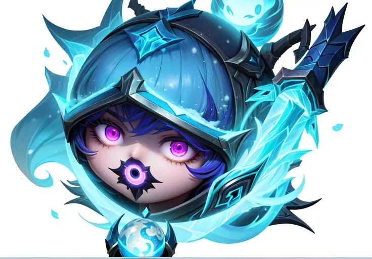 blue light in an enlarged view of a cartoon character,  Arcane style bomb ,  Sphere of Agament ,  ghost sphere , League of Legends item, League of Legends Nocturne, horrible, Arcane Jace, glowing eyes,  Magical Spell Icons ,   Epic Legends game icon with a...