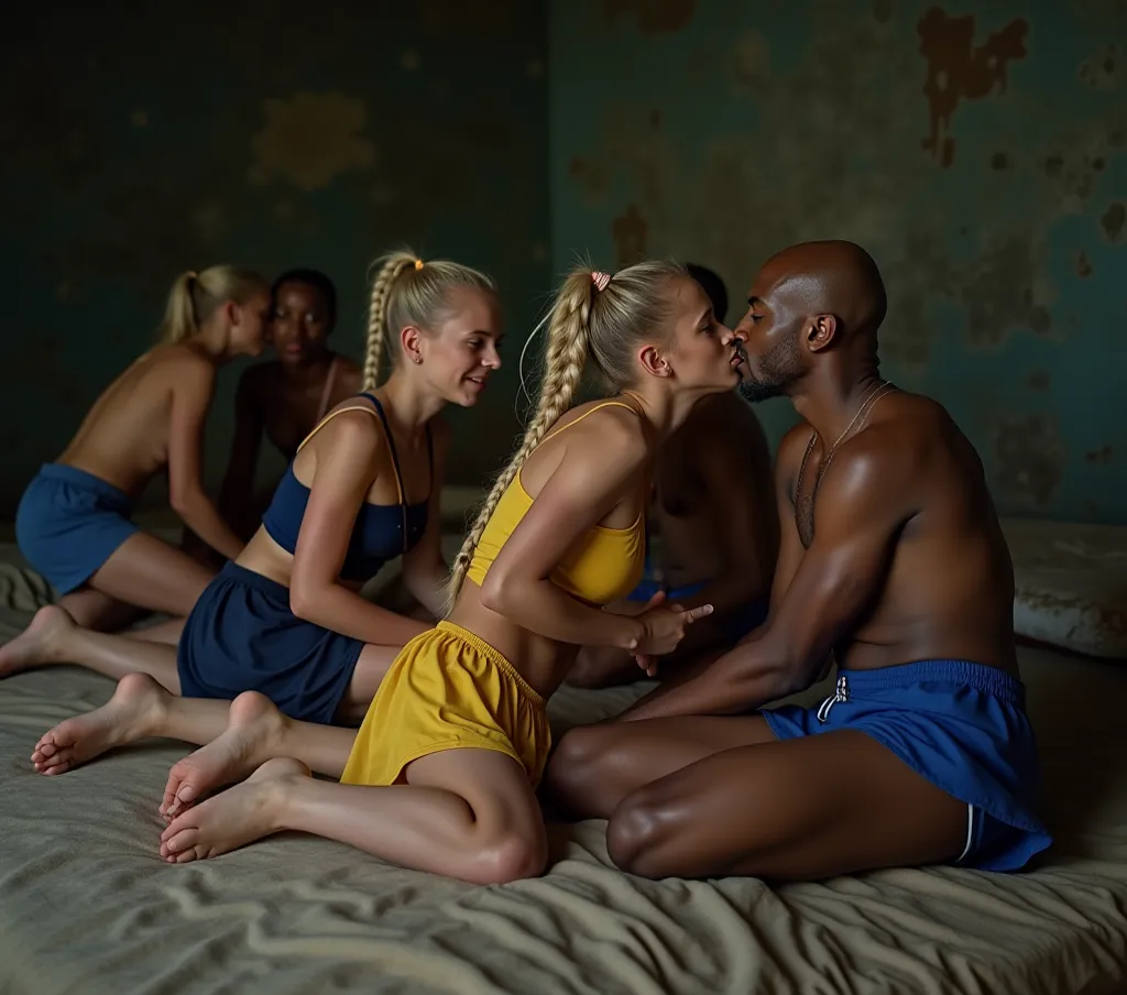 Several Emaciated young blonde s; sweet and innocent; very beautiful; full body photo; six pack abs; skinny legs; blue and yellow cheerleader flared minidresses; braided pigtails are sitting in a large dirty room on soiled, stained mattresses in a dark ghe...