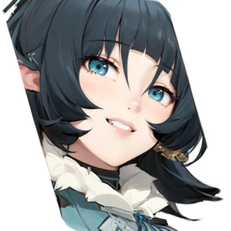 a close up of a person with a black hair and a white collar,  anime moe art style, [[[[Laughing evilly]]]],  fleet collection style ,  Arknights,  Ayaka from Genshin Impact ,  Mischievous Smile, Gwaiz, Fubuki, Cell painting art style ,  high quality anime ...