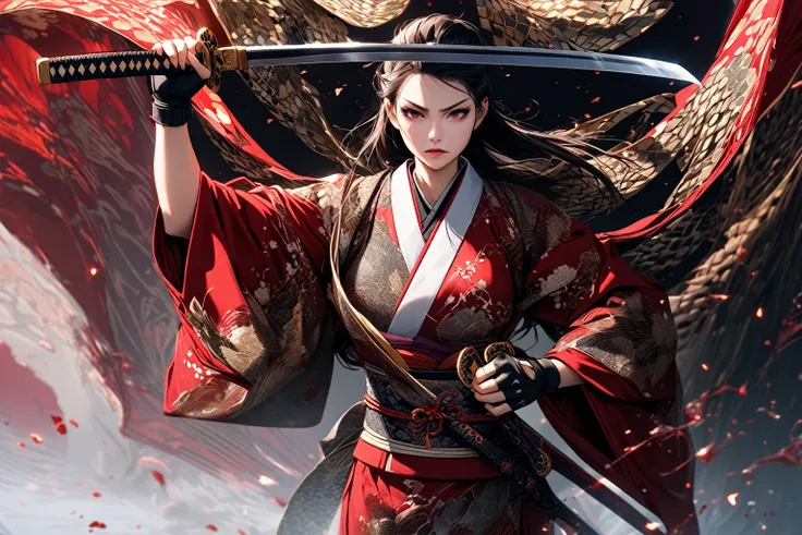 A woman in a traditional Japanese red kimono, holding a katana, poised in a dynamic, warrior-like stance. The kimono is intricately patterned with gold and black design elements. Her expression is serious and focused, conveying strength and determination. ...