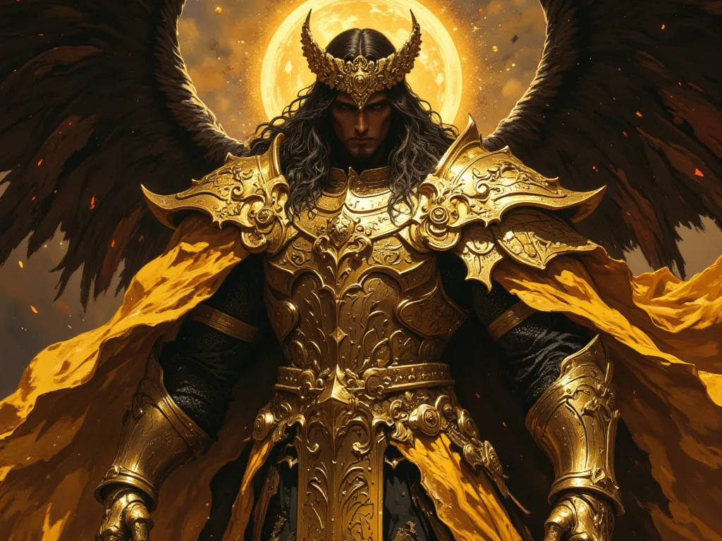 (masterpiece),(Highest quality),(Super detailed),(Ultra-high resolution),(Best illustrations),8k,
The emperor of mankind, knight, long dark hair, massive golden armor with ornaments, holy aura, golden laurel wreath crown, long golden cape, golden metallic ...