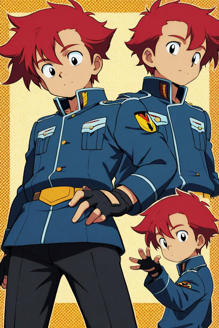 male character, Hero, Only man, anime style,  young, Yellowish red hair, disheveled hair, black eyes,  blue military jacket , black pants, A sabre, black fingerless gloves.