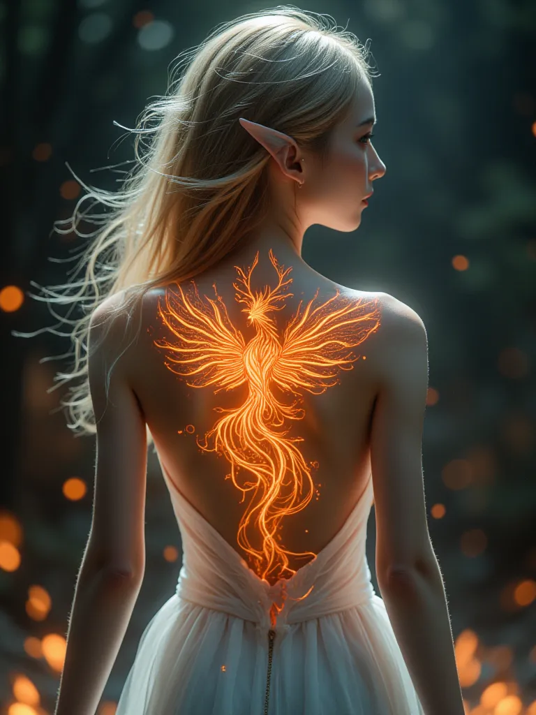 ゴシックファンタジーart, art, a picture of a tattoo on of back of a female elf, Glowing Tattoos ((Phoenix: 1.3)) on of elf's back, of ((Phoenix tattoo))  Vivid , intricate detailed coming to life from of ink to real life, ((fire surrounds ofPhoenix: 1.5)), shoot tak...