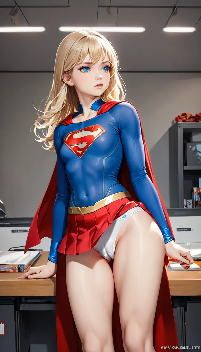 ((best quality, master part, absurdities)), ultra-realistic, girl wearing supergirl cosplay, supergirl uniform, (supergirl), red cape, 20 years old, blonde, toned body, blue eyes, small breasts, slender legs, gap between thighs, , wide hips, frontal, (red ...