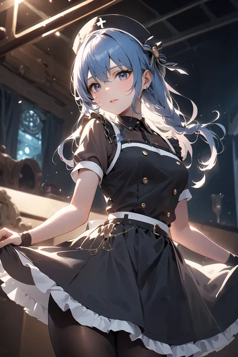 SuiseiMaid, long hair, single braid, black nurse cap, double-breasted grey apron, chest belt, elbow gloves, crinoline, black pantyhose, small breasts, 
one girl,  Compatible with first-person perspective , (masterpiece:1.3),   High Resolution,     Tall Ver...