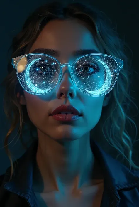 Model wearing glass sunglasses，There are stars and moon on the lens