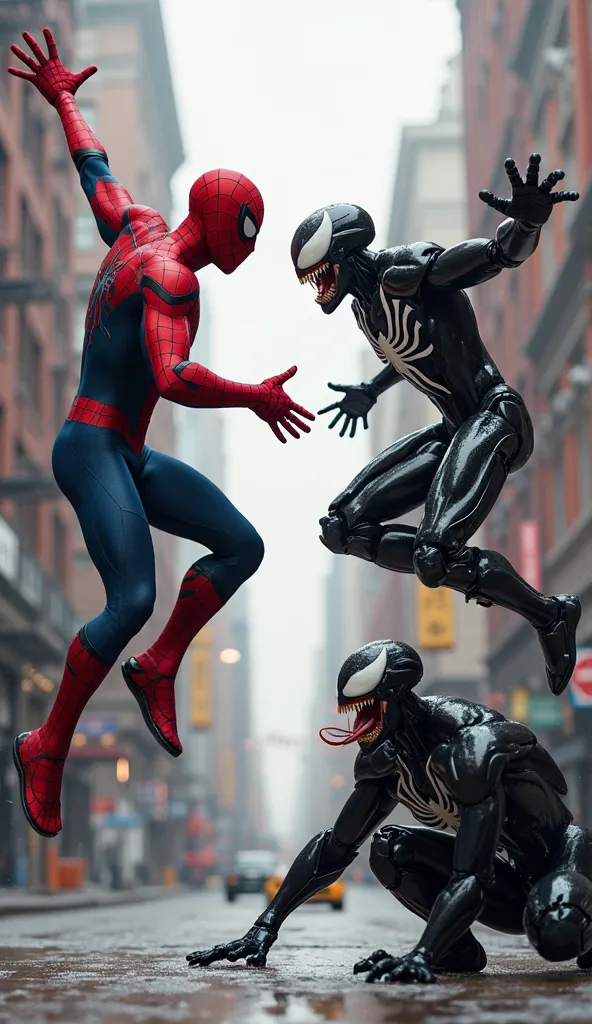  An action-packed scene of Spider-Man and Spider-Robo 1000 leaping towards Venom from opposite directions. Spider-Man’s body is fully extended, with his legs bent at the knees for launch, his arms stretched out ready to shoot webs. Spider-Robo 1000’s movem...