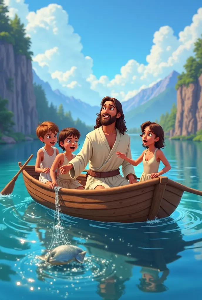 An enchanting Disney-style cartoon scene depicting 'The Miraculous Catch'. Jesus is in a wooden boat with Peter, James, and John, all represented as ren, while He remains as an adult. The ren's expressions show surprise and awe as they see the net full of ...