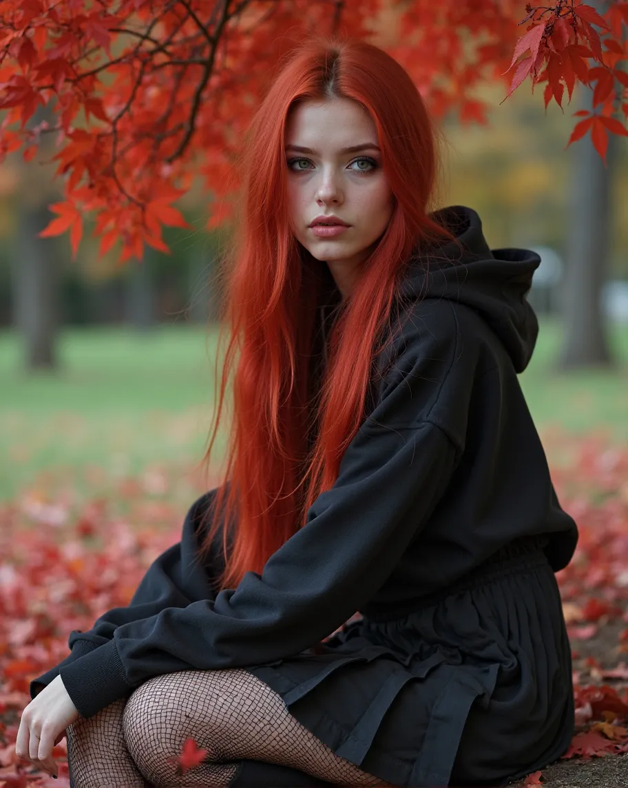 young woman, Very dark makeup 
Emo, very thin, very bony slender, black platform boots, Fishnet tights, black pleated skirt, oversized black hoodie, very pretty, very very long red hair, sitting under a red maple tree, 