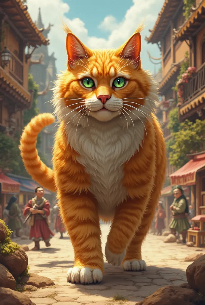 A majestic golden-furred cat with green eyes, wise and brave, leading the village.