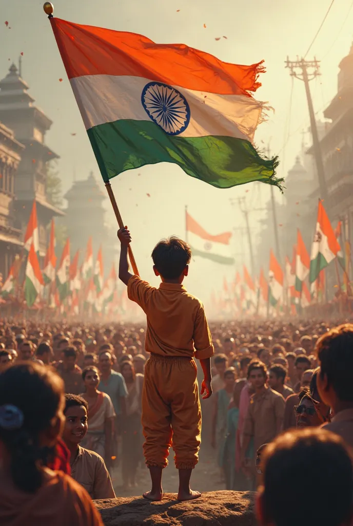 A boy has been standing for nineteen years with a Jai Shri Ram flag, there are many people behind him.