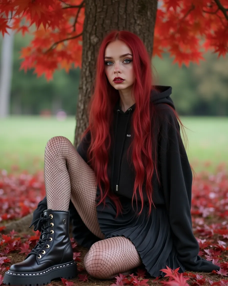 young woman, Very dark makeup 
Emo, very thin, very bony slender, black platform boots, Fishnet tights, black pleated skirt, oversized black hoodie, very pretty, very very long red hair, sitting under a red maple tree, sehr very thin, long bony legs