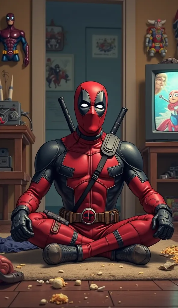 A semi-realistic image of Deadpool sitting cross-legged on the floor of his cluttered apartment, gazing lovingly at his new comfort-free seat lagoons. His mask has exaggerated expressions of joy in his eyes. The background features superhero action figures...