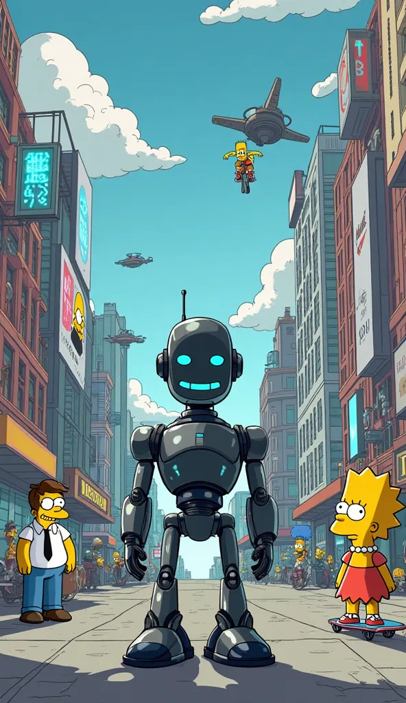 A highly detailed Simpsons-style scene featuring a MuskBot standing proudly in the middle of a futuristic Springfield, smiling with glowing blue eyes. The city is now fully transformed with advanced technology—flying cars, holographic billboards, and sleek...