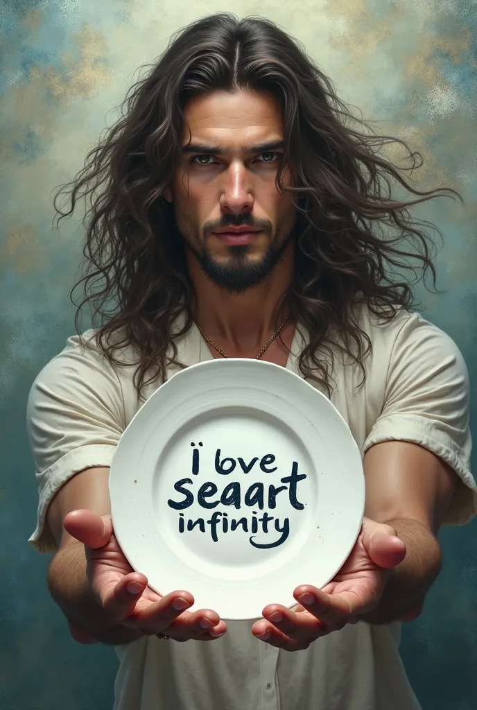 man with long wavy hair, not, holding a white plate with the text "I Love Seaart Infinity" and showing her to the spectator 