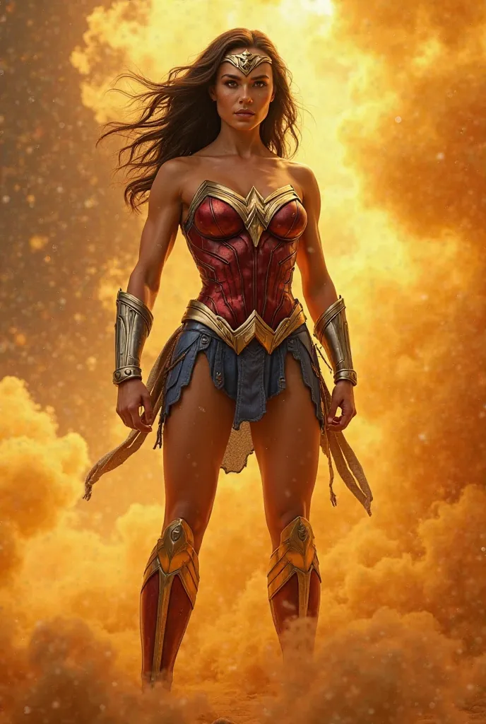 Create a 4K image of Wonder Woman by Gal Gadot with golden smoke in the background 