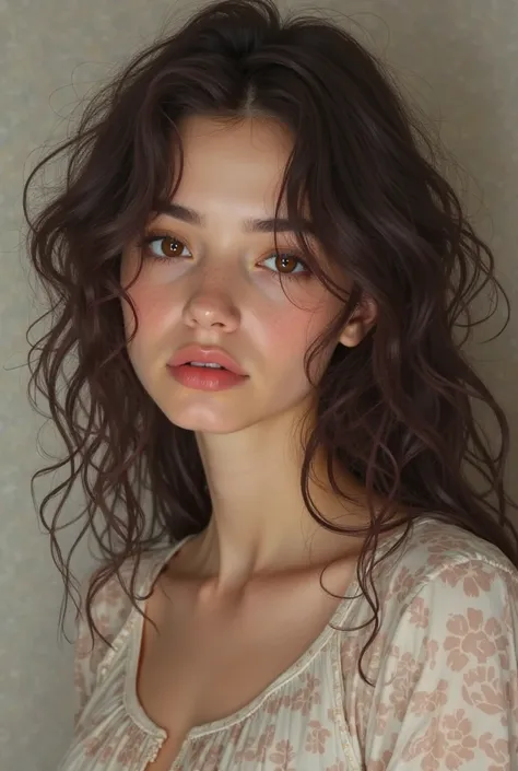 Create a realistic image of a 17-year-old white-skinned, loose and long dark brown curly hair, with dark brown eyes