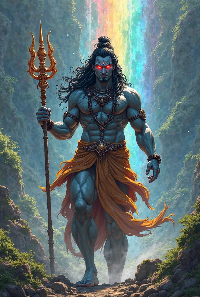 Anime lord shiv angry face with wear tiger cloth and in one hand trident and standing in grass valley with background rainbow waterfall 