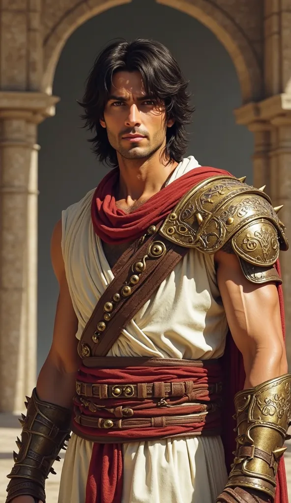 The image features The Prince, a character from the "Prince of Persia." He has shoulder-length dark brown hair that is neatly parted and styled. His skin tone appears to be of middle-eastern descent. The Prince can be seen wearing a white tunic, with a lay...