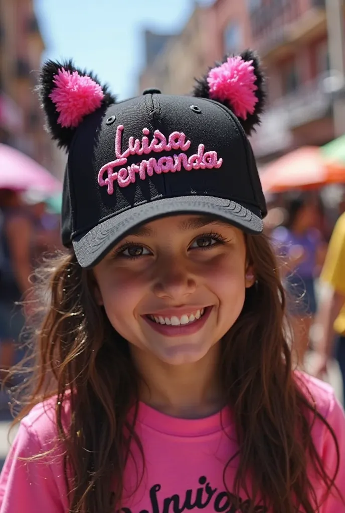 Create me a black and pink reggaeton cap for girls with little ears that bears the name Luisa Fernanda 