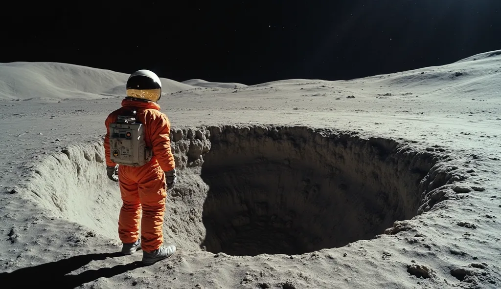 A medium shot of the astronaut pausing on the edge of a small crater, wearing an orange NASA-style space suit with a reflective retro-style helmet. His body is slightly leaning forward as he observes the depths of the crater. The rocky interior of the crat...