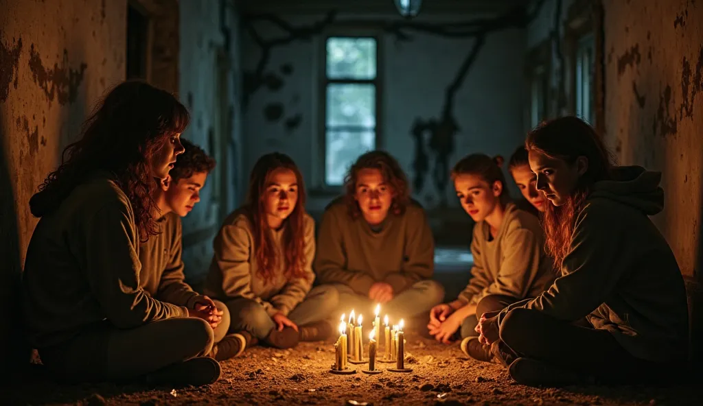 A group of young adults sits in a circle inside a decayed, abandoned house, their faces illuminated by flickering candlelight. Suddenly, all the candles go out at once, plunging them into an unnatural darkness. The shadows around them seem to move, twistin...