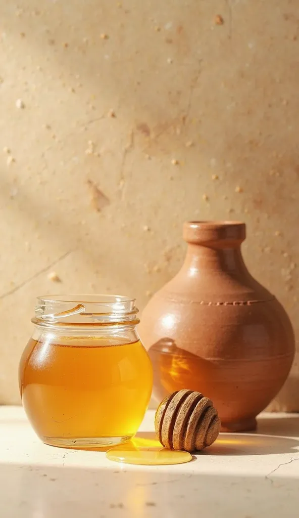 "A timeline showing a fresh jar of honey next to ancient clay pots containing honey, emphasizing its unchanged state over centuries."