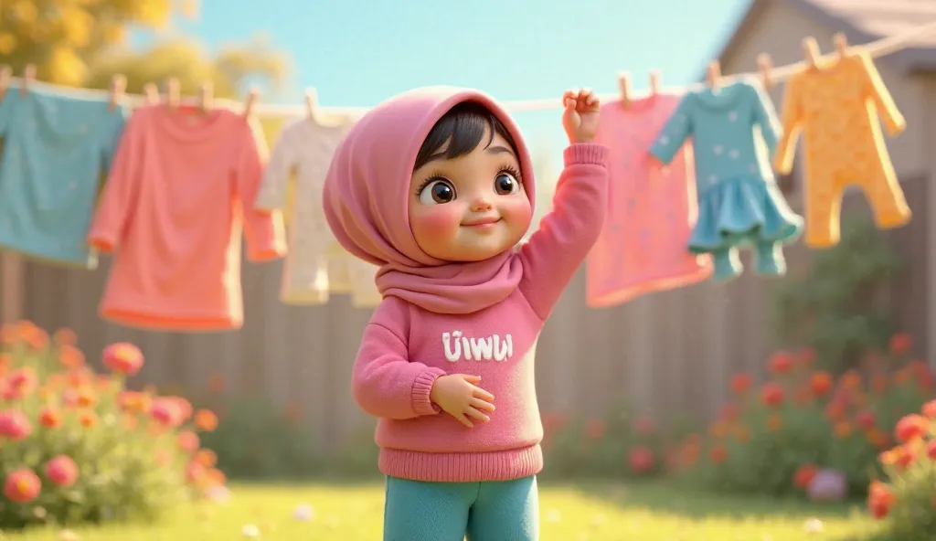 A cute and adorable Uwu, , wearing a pink hijab, a pink sweater with "uwu" written on the front in white font, and blue long pants. She is carefully taking down dry clothes from a clothesline, folding them with a focused yet cheerful expression. Her cheeks...