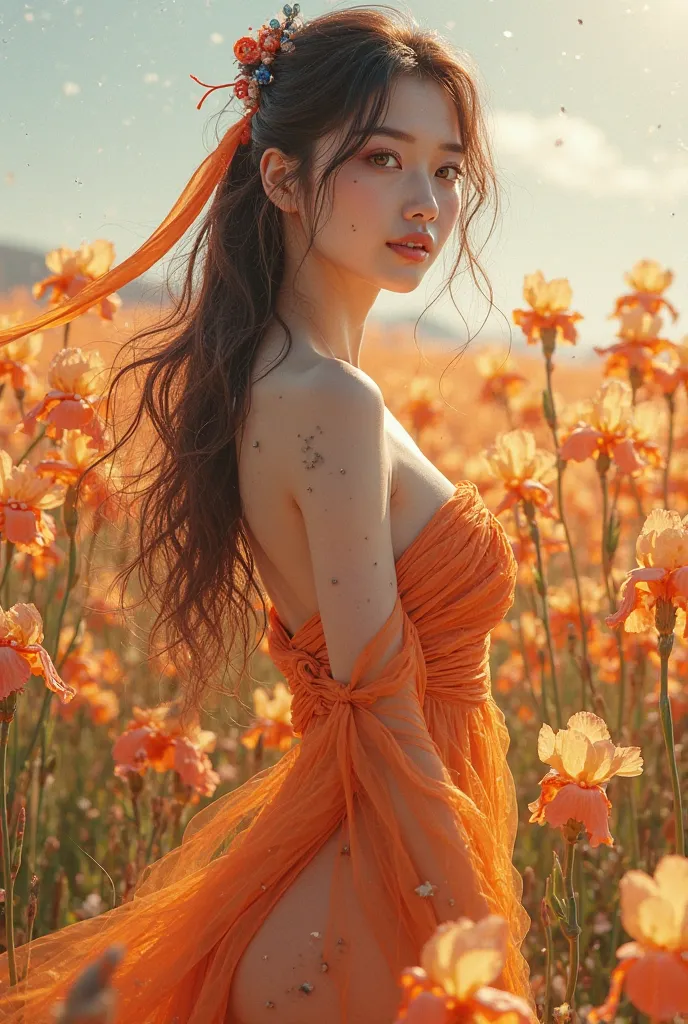  a beautiful Asian woman , detailing of all parts of the body,   with expressive eyes, eyes glowed bright orange, sports figure, luxury bust, beautiful slender legs,  with long brown hair, a garment made of clear light like an iris flower, stands on the fi...