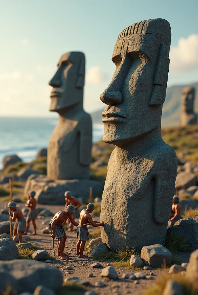 miniature workers building the easter island statues