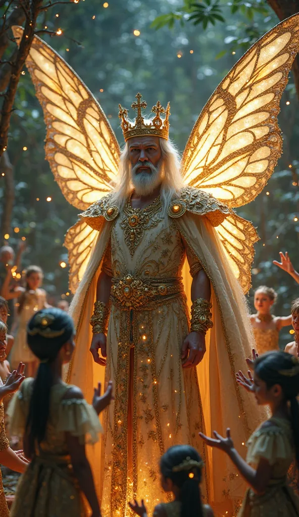 A majestic Fairy King with magnificent features, radiating wisdom and power, stands in the heart of the enchanted workshop. His presence is regal yet ethereal, with piercing luminous eyes and a crown crafted from golden vines and glowing gemstones. His gra...