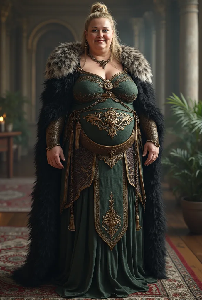 Full-length portrait of a great Nordic queen, Very nice lady, 50 years old, Fat and healthy body, Sexy Warrior Costume, Fluffy black fur, Natural blue eyes, Bumpy Nose, Long chin, Wearing ancient national costumes,
8k resolution, Dynamic lighting Ultra-det...