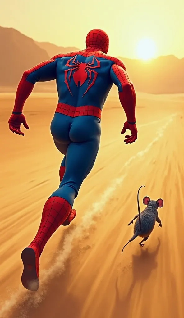 A vibrant painting of Spider-Man running backwards across a golden desert, while following a small gray mouse in front of him. The hero, in his classic red and blue costume, is in full action, with his muscles defined and the lines of his web visible on hi...